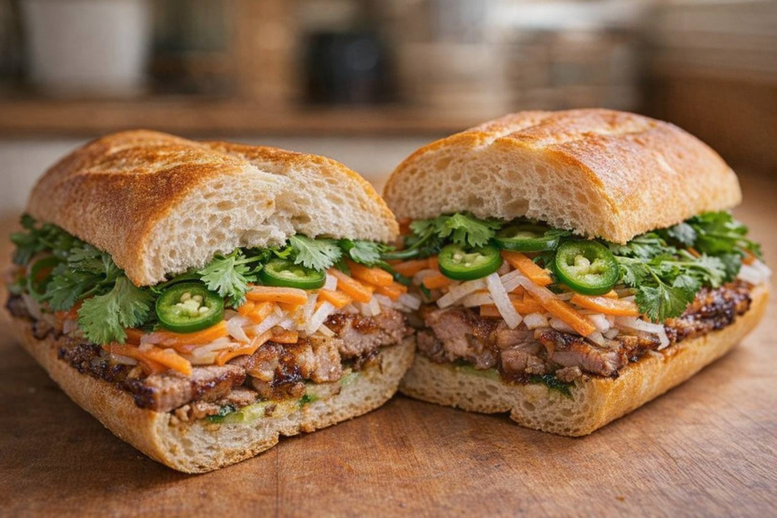 A studio shot of a Banh Mi sandwich cut in half, showcasing the layers of grilled pork, pickled vegetables, cilantro, and jalapenos on a crusty baguette. Warm, inviting lighting